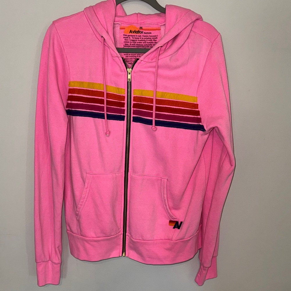 Aviator Nation Pink Hoodie Jacket with Rainbow Stripes & Pink Shorts Sz M